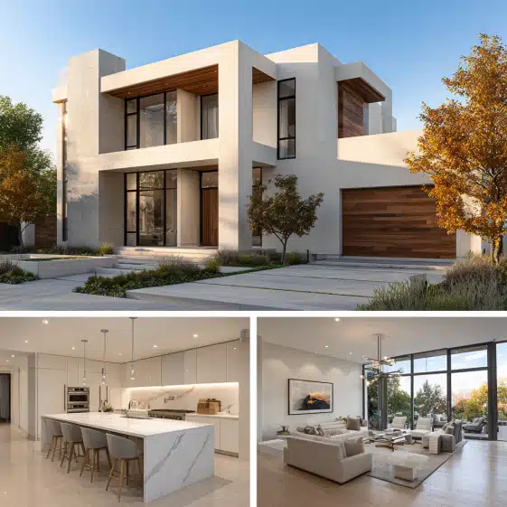 Exterior of a contemporary luxury house with geometric forms and glass panels, representing modern custom homes design in Los Angeles