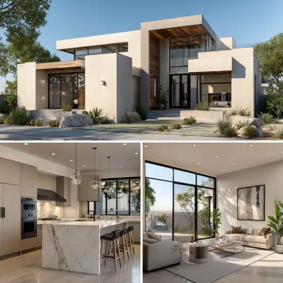 Triptych composition showing the exterior, kitchen, and living room of a contemporary custom homes design in Pasadena project.
