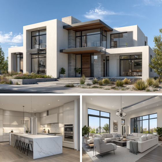 Exterior facade of a contemporary estate with floor-to-ceiling glass and geometric lines, a signature of custom homes design in Yorba Linda.