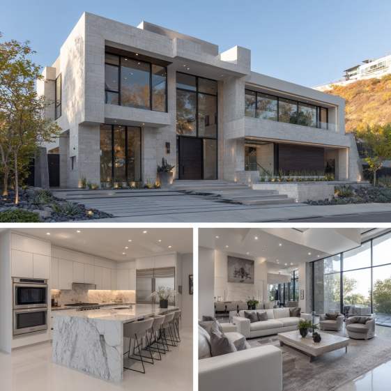 Exterior facade of a contemporary masterpiece estate with cantilevered volumes, showcasing custom homes design in Beverly Hills