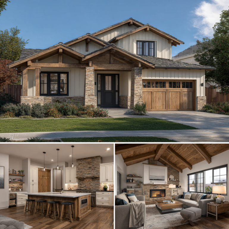 Exterior facade of a Craftsman-style custom home design in Villa Park with tapered columns.
