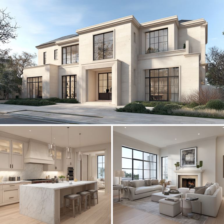 custom homes design in Beverly Hills, featuring transitional architecture and timeless elegance. Exterior facade of a luxury transitional estate featuring custom homes design in Beverly Hills.