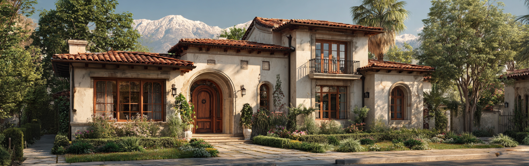 Luxury Mediterranean Revival custom homes design in San Marino with red-tiled roof and arched windows.