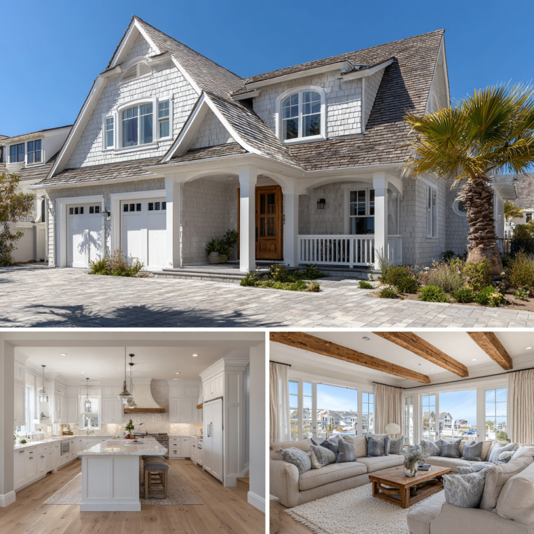 Triptych view of custom homes design in Newport Beach featuring Cape Cod architecture and luxury coastal interiors.