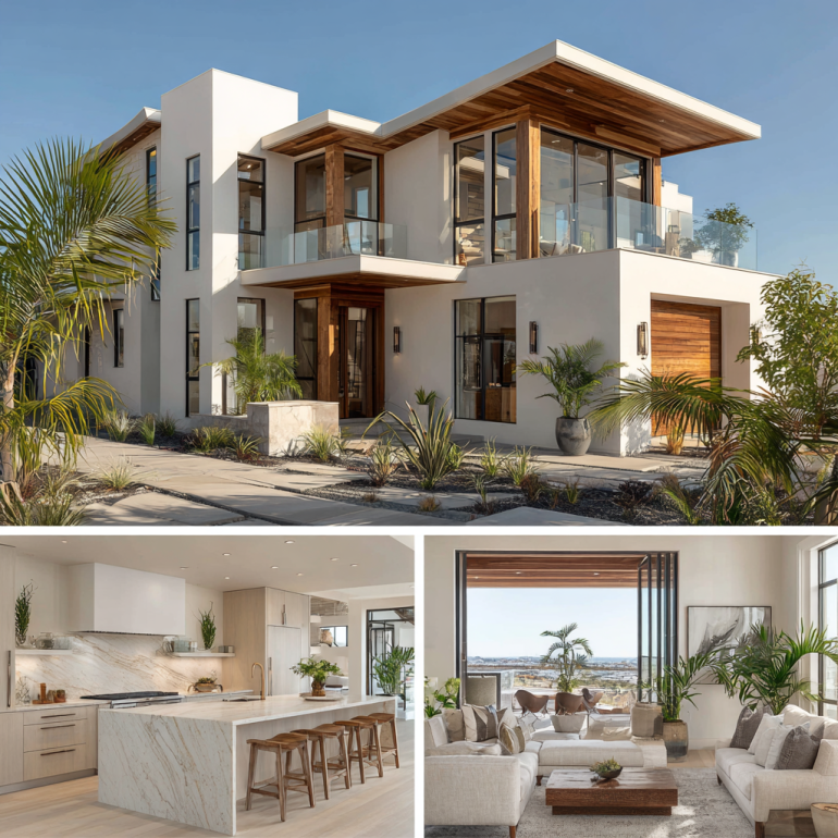 Triptych showing custom homes design in Newport Beach featuring coastal contemporary architecture and luxury interiors.