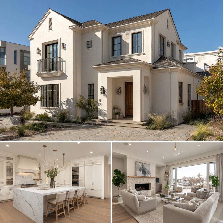 Triptych view of luxury custom homes design in Newport Beach showing exterior, kitchen, and living room.
