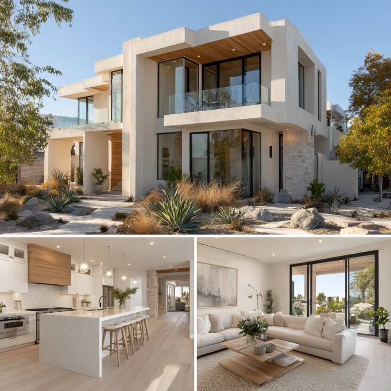 Triptych-style visualization of custom homes design in Newport Beach showing modern exterior, kitchen, and living room.