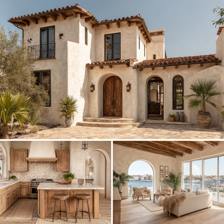 Exterior of a Spanish-style custom home design in Newport Beach with arched windows and coastal landscaping.