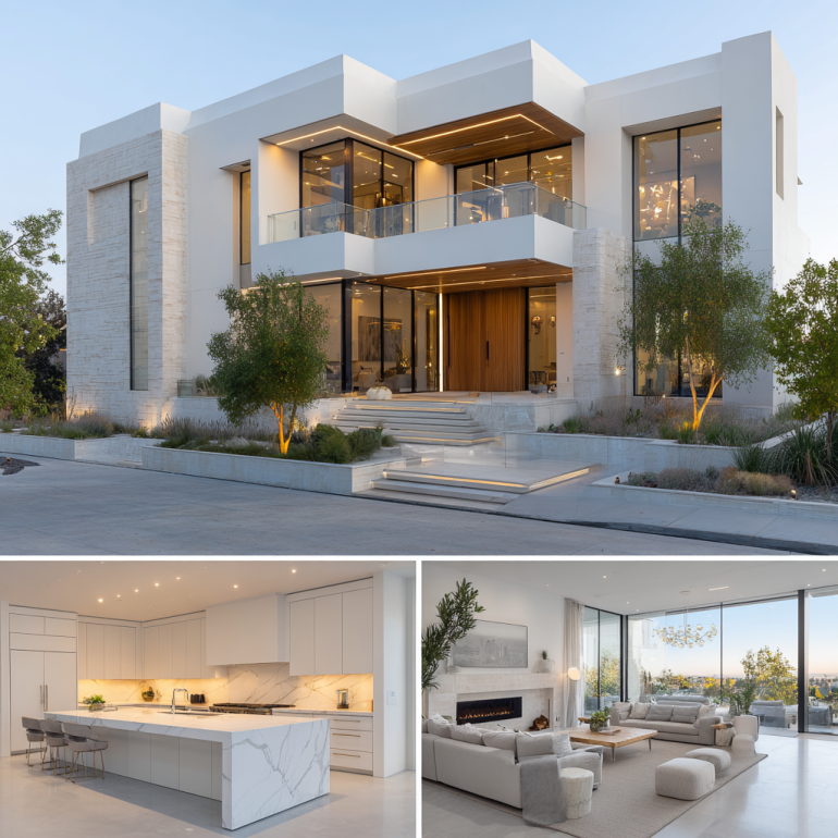 Triptych composition showing the exterior and interior of a contemporary luxury custom home design in Pacific Palisades.