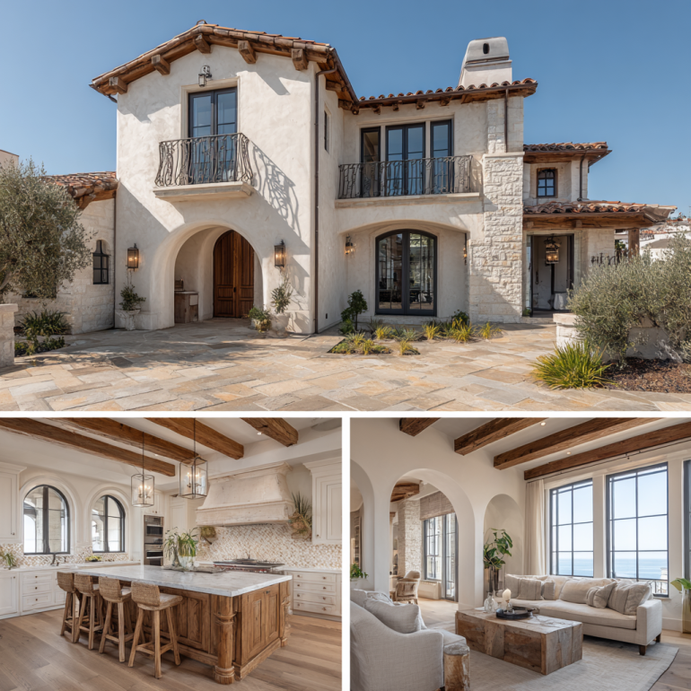 Mediterranean Coastal triptych showing the facade, kitchen, and living room of a custom home design in Pacific Palisades.
