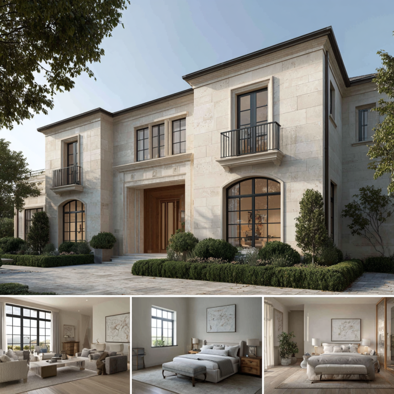 Exterior view of a luxury custom home design in San Marino featuring classical columns and modern glass doors.