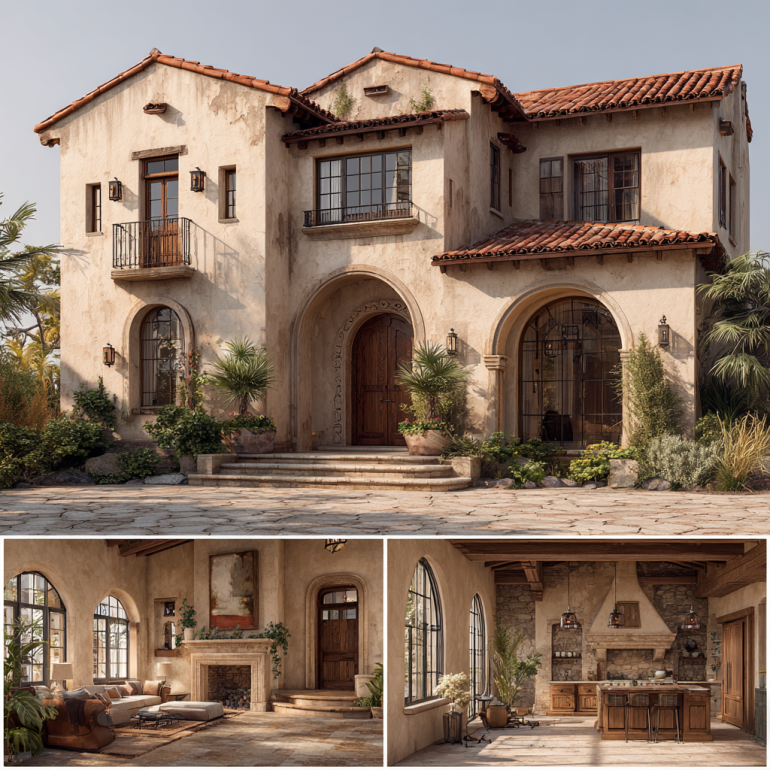Grand Mediterranean Revival facade of a custom home design in San Marino with arched windows and lush landscaping.