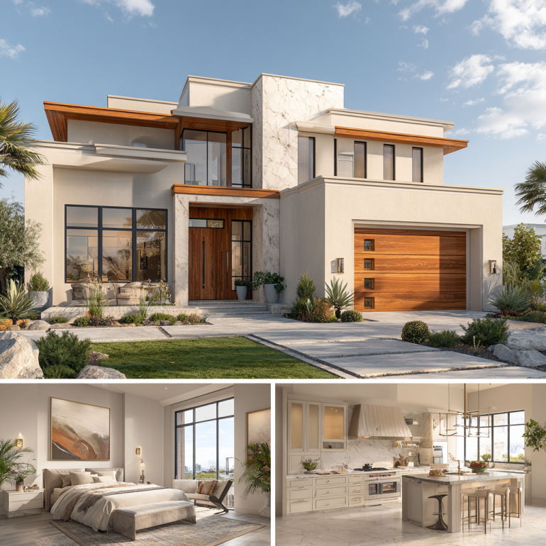 Grand exterior facade of a custom homes design in San Marino featuring stone columns and palm trees.