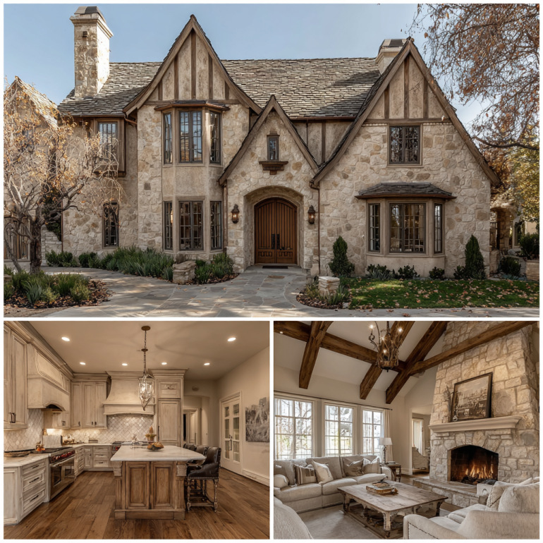 Triptych view of French Tudor Manor custom homes design in Villa Park California.