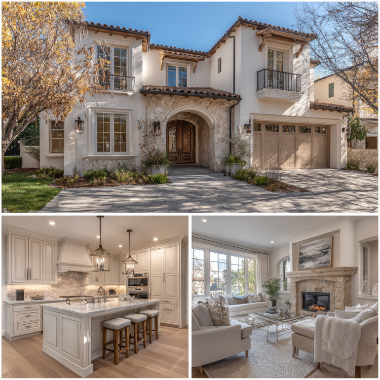 Luxury triptych showing custom homes design in Villa Park with Mediterranean transitional architecture.