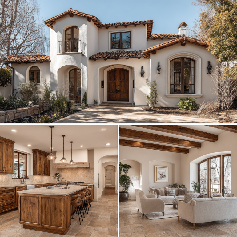 Triptych view of luxury custom homes design in Villa Park showcasing Spanish Colonial architecture.