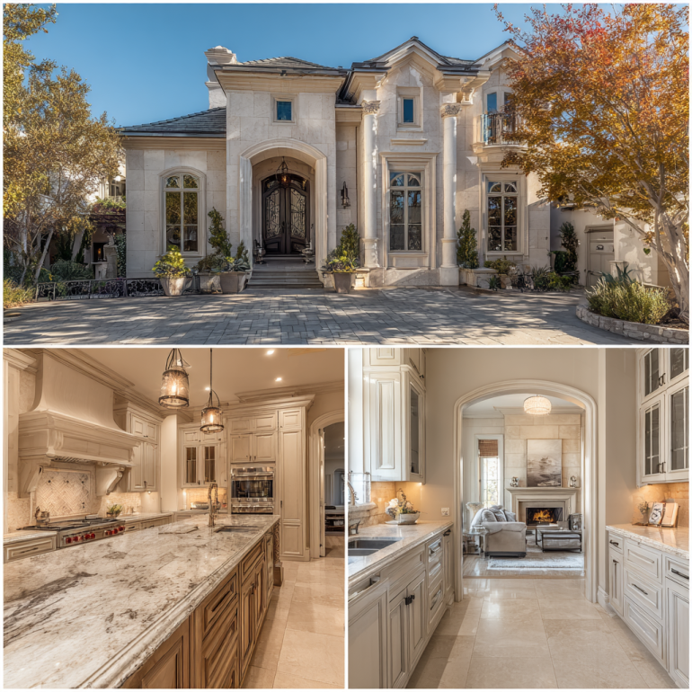 Triptych view of luxury custom homes design in Villa Park California featuring traditional estate architecture.