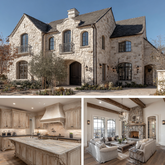 Exterior facade of a French Country Estate with limestone walls and arched windows, illustrating luxury custom homes design in Yorba Linda