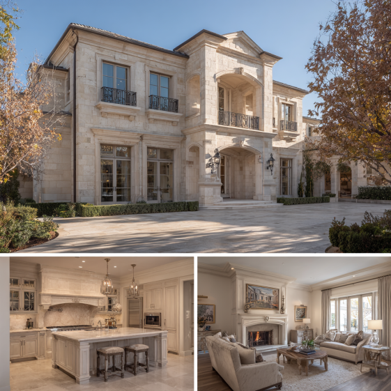 Exterior facade of a grand traditional estate in Beverly Hills with symmetrical limestone architecture and a formal columned entry.