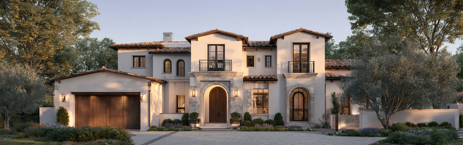 Front facade of a luxury Modern Mediterranean estate showing Custom homes design in Coto de Caza