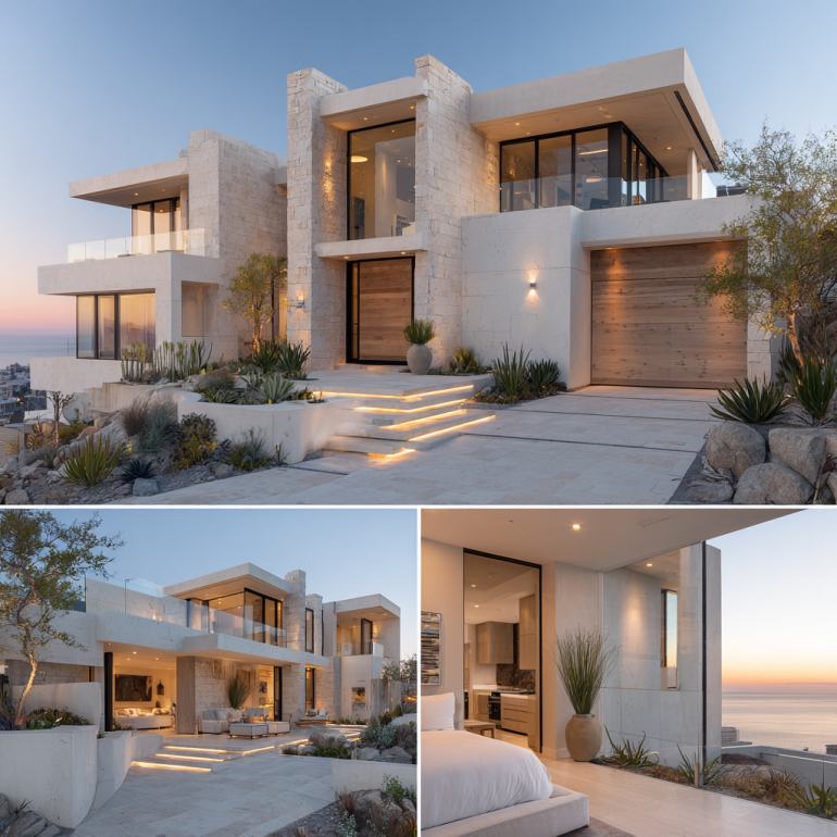 Exterior, bedroom, and kitchen views of a luxury villa, highlighting custom homes design in Laguna Beach.