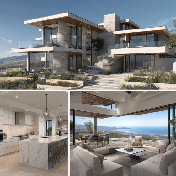Exterior view of a hillside modern house with cantilevered terraces and glass walls, showcasing custom homes design in San Clemente.