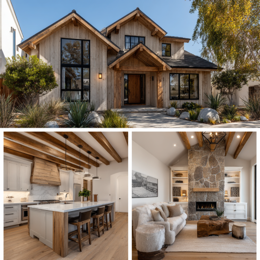 Natural wood and stone details in a luxury coastal estate, highlighting custom homes design in Pacific Palisades.