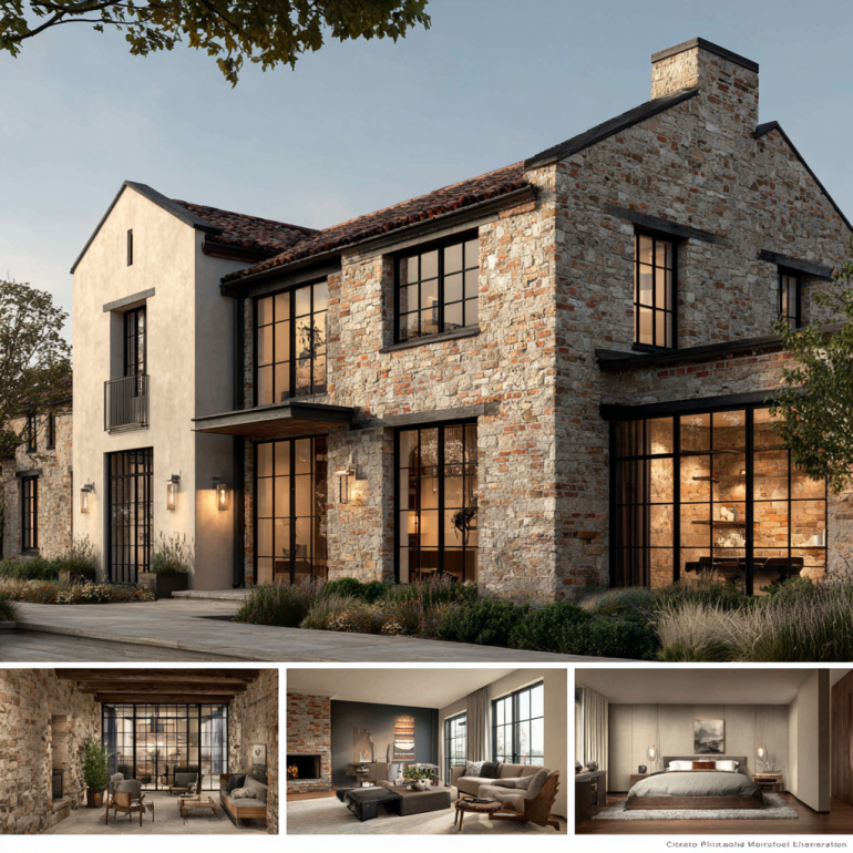 Grand exterior facade of a custom home design in San Marino featuring historic columns and modern glass panels.