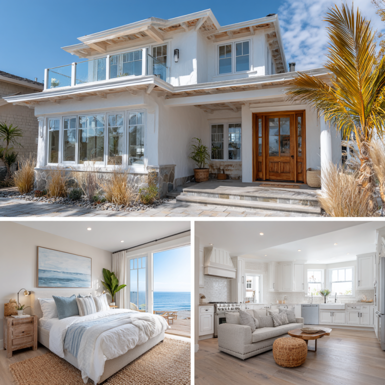 3-part vertical collage showcasing luxury custom homes design in laguna beach including exterior and interior views.