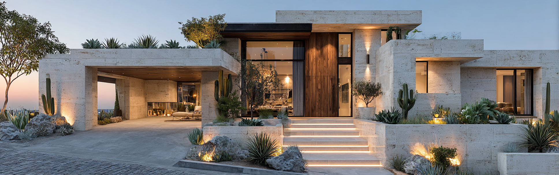 Photorealistic front facade of a luxury contemporary home on a Laguna Beach hillside.