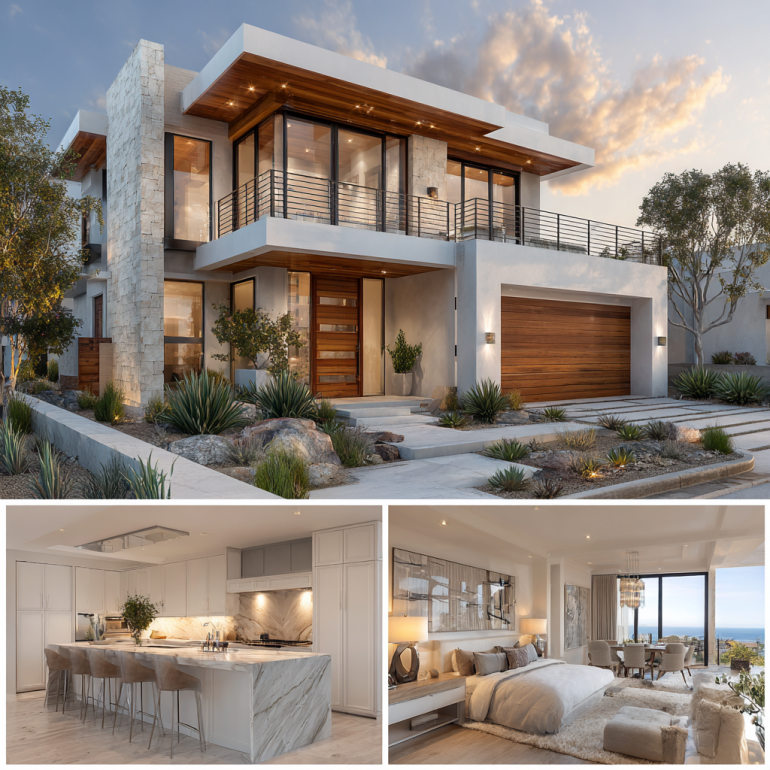 Vertical collage showing the exterior facade, primary bedroom, and gourmet kitchen of a luxury custom homes design in laguna beach.