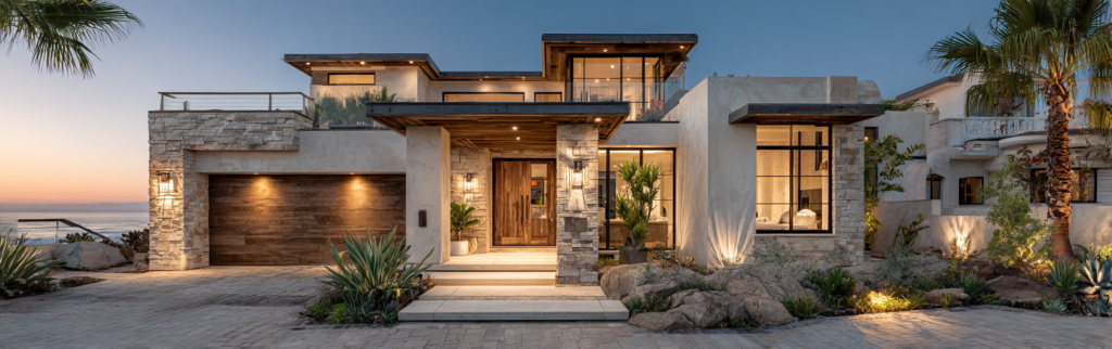 Exterior facade of a luxurious coastal custom home with large glass windows and stone accents in California.