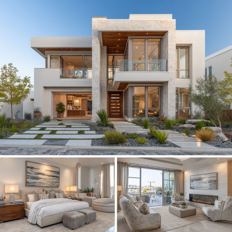 3-part vertical collage of an oceanfront luxury home illustrating custom homes design in Coto de Caza