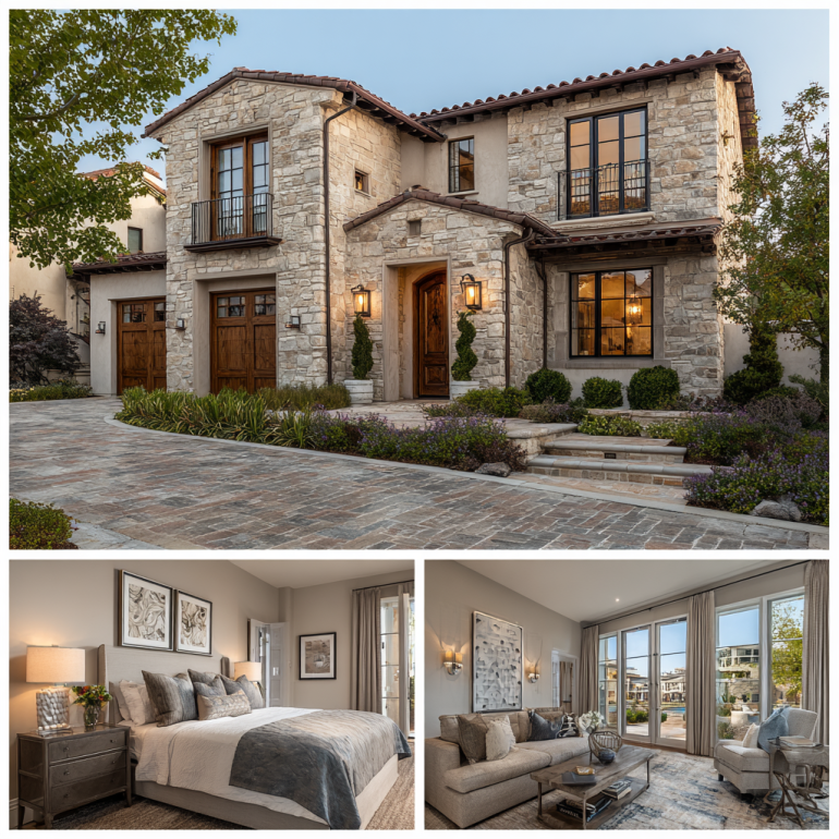 3-panel collage of a luxury transitional home exterior, bedroom, and kitchen for Custom homes design in Coto de Caza