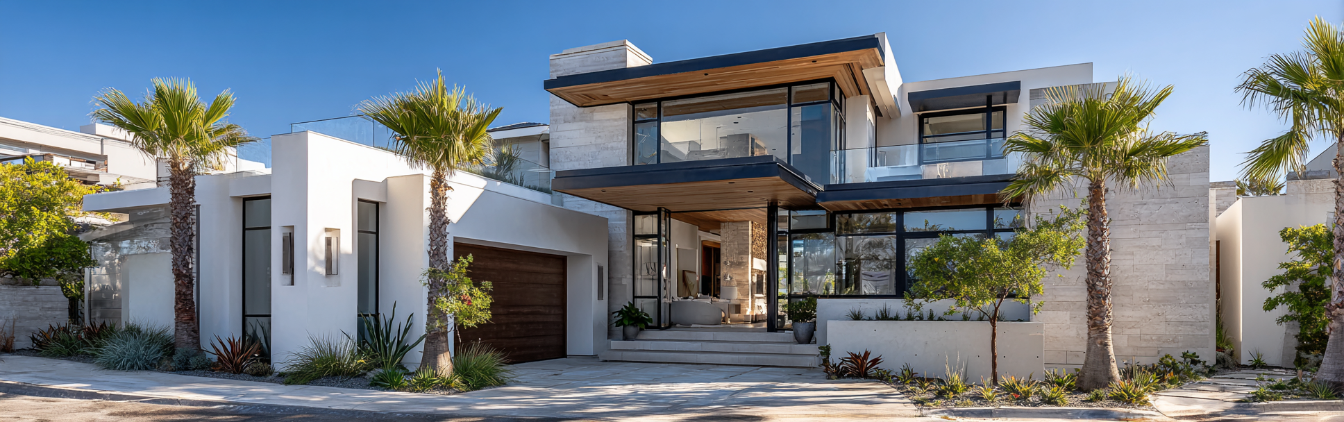Modern coastal luxury home exterior with white stucco and glass for custom homes design in Dana Point