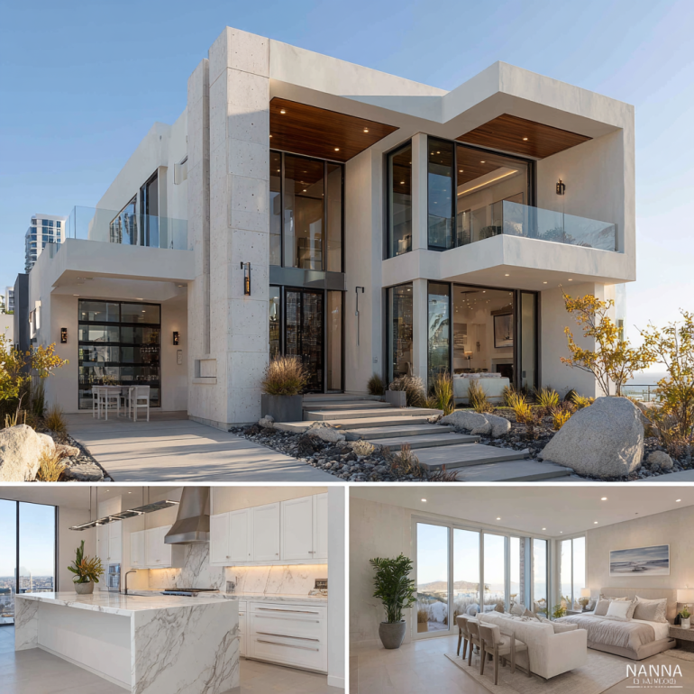 Triptych-style architectural visualization of luxury custom homes design in Dana Point featuring exterior and interior views.