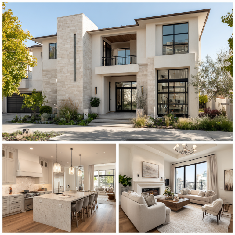 Triptych showing exterior and interior views of a transitional luxury custom homes design in Irvine