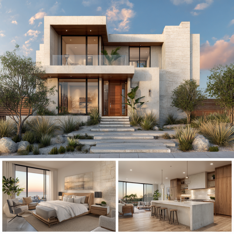 3-panel vertical collage of a modern minimalist house exterior, ocean-view bedroom, and luxury kitchen for custom homes design in laguna beach