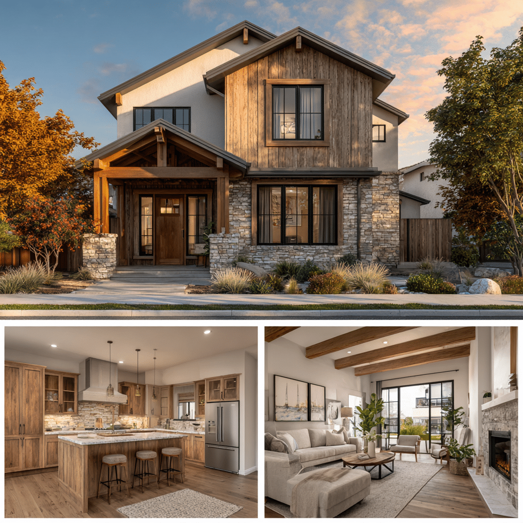 A three-panel architectural composition showcasing custom homes design in Pasadena including a Craftsman facade, luxury kitchen, and modern living room.