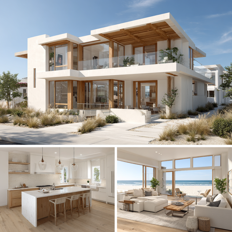 Exterior facade of a luxury custom home design in Newport Beach with glass walls and sand-colored accents.