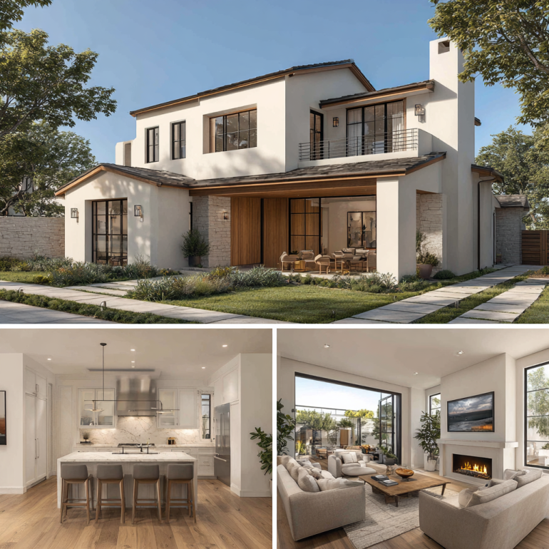 A three-panel triptych showing the exterior and interior of a custom homes design in Pacific Palisades.