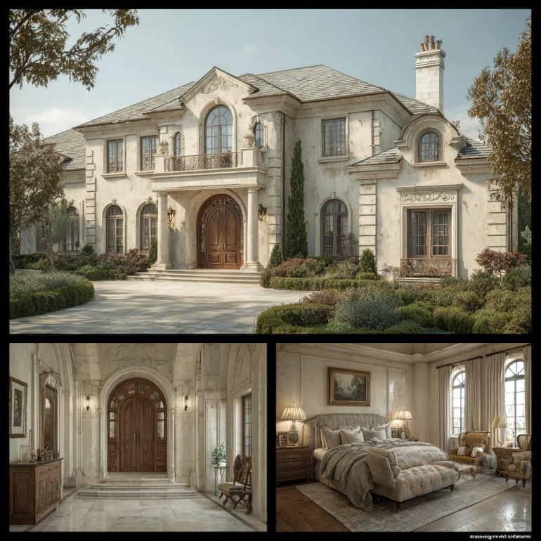 Classical stone facade and grand arched entrance of a custom homes design in San Marino.