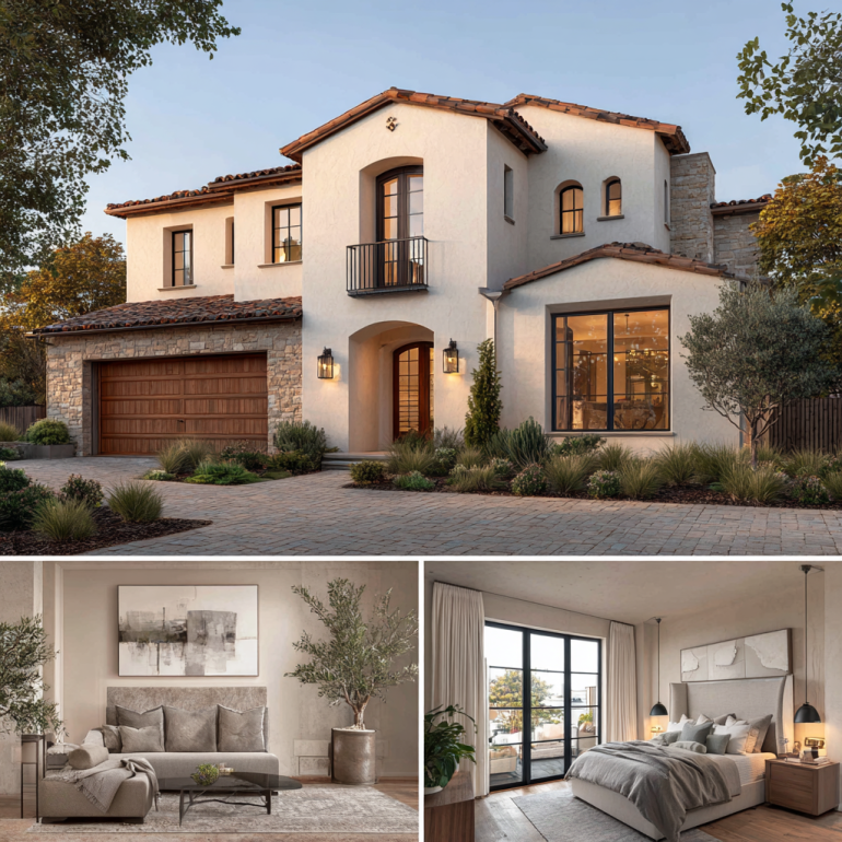 Three-panel view of an ivory stucco mansion and high-end rooms for custom homes design in Coto de Caza
