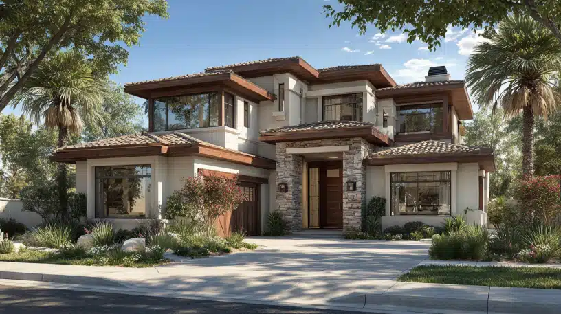 Grand two-story exterior facade of a luxury estate showcasing custom homes design in Yorba Linda with natural stone accents.