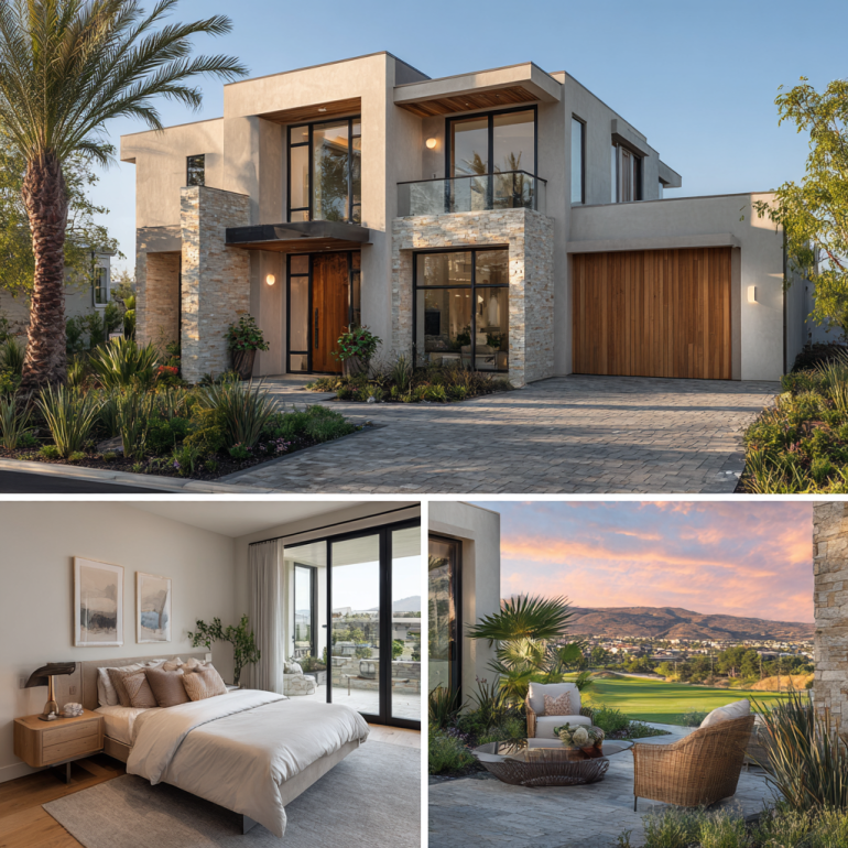 3-part vertical collage showing the front facade, bedroom, and kitchen of a custom homes design in Coto de Caza
