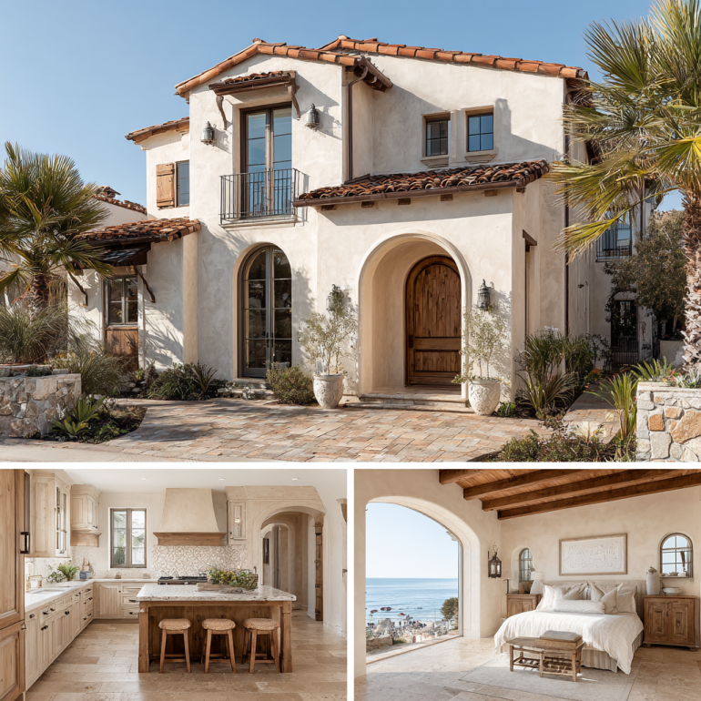 Triptych showing exterior facade, kitchen, and bedroom of a luxury custom homes design in Dana Point