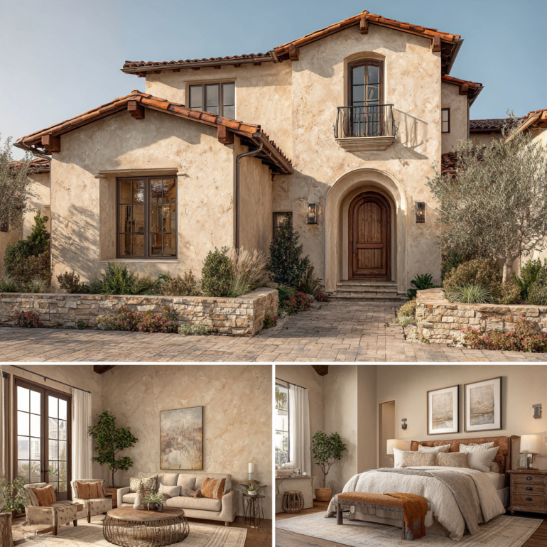 3-part vertical collage of a luxury Mediterranean house with stucco walls and terracotta roof, representing custom homes design in Irvine