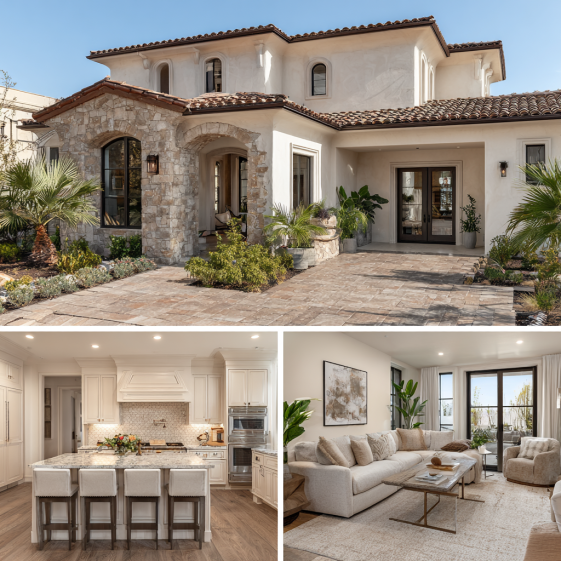 Exterior facade of a Mediterranean-Transitional house with a clay tile roof, showcasing custom homes design in Yorba Linda.