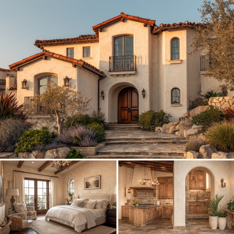 Vertical collage of a luxury Mediterranean villa representing premium custom homes design in laguna beach