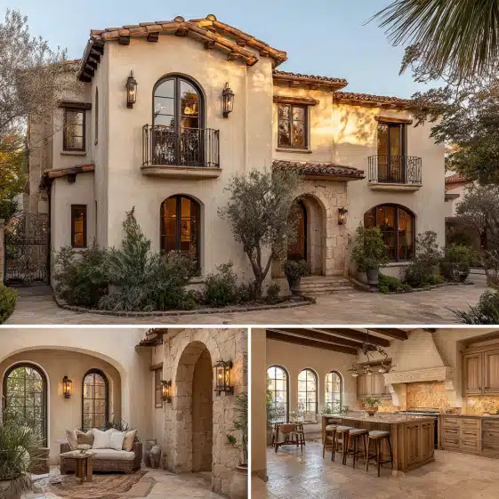 Exterior facade of a Mediterranean Revival luxury residence with arched windows, representing high-end custom homes design in Pasadena